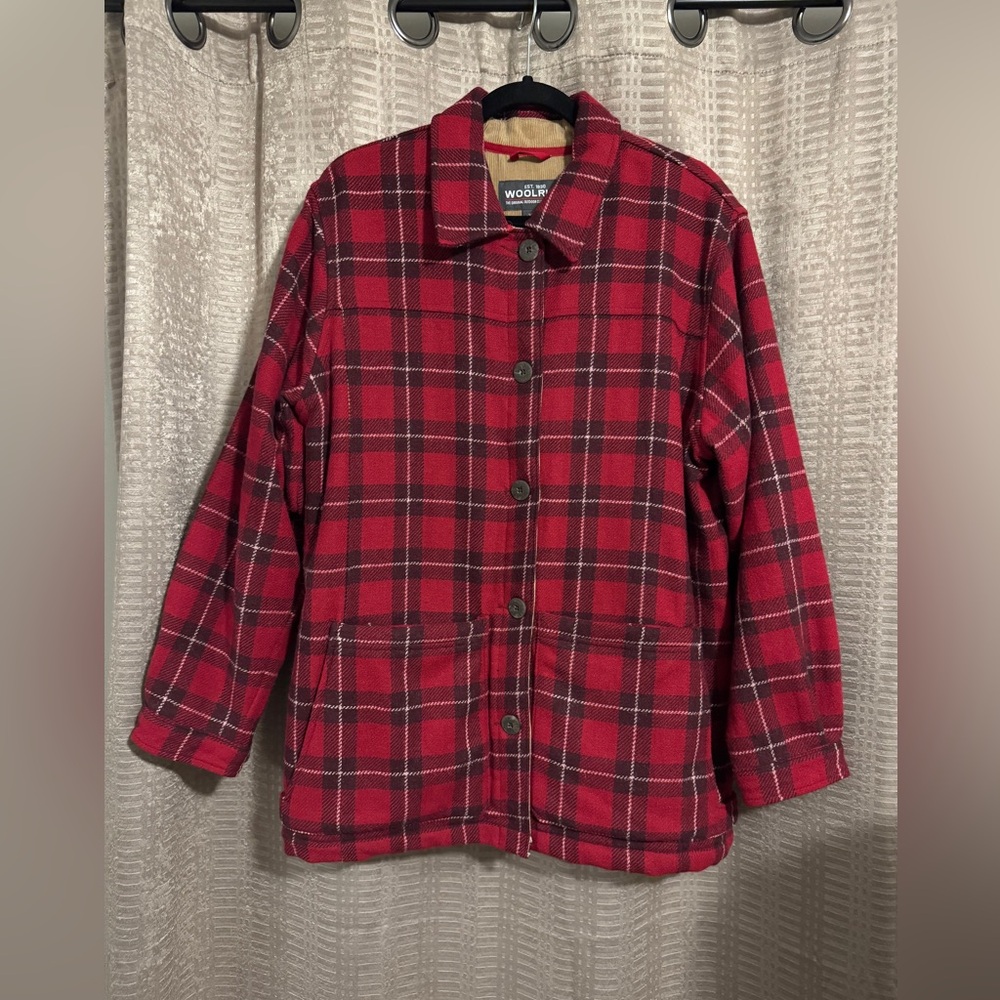 Women’s Woolrich Red Plaid Wool Faux Fur Lined Coat Sz L